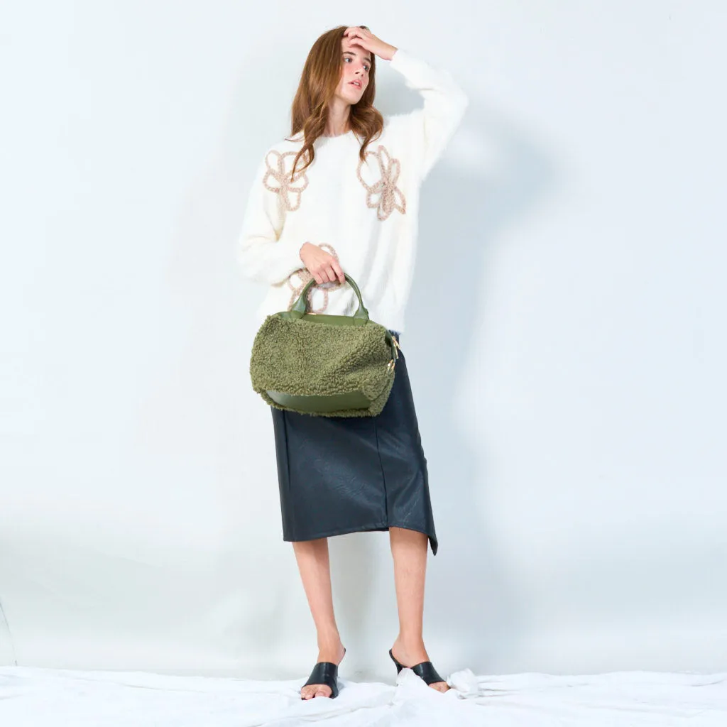 Compact handbag with soft sherpa accents wholesale