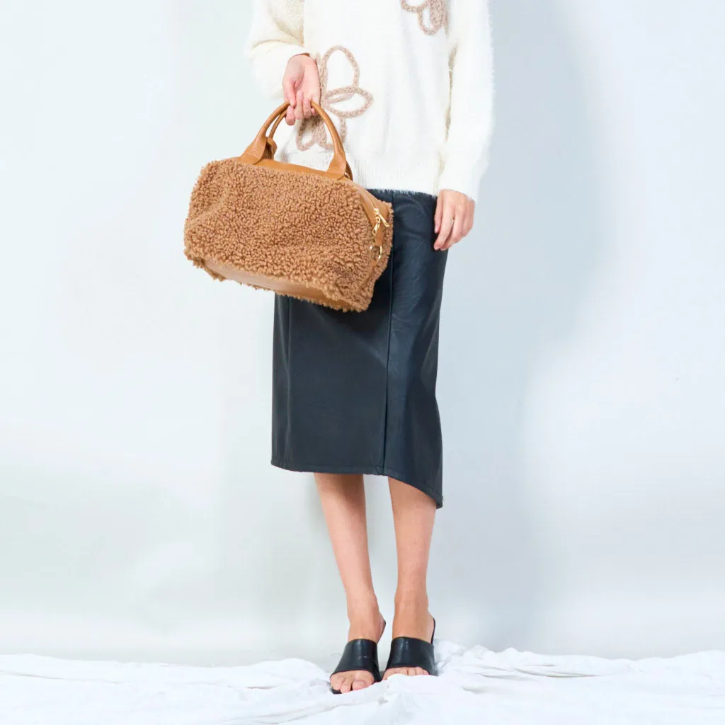 Compact handbag with soft sherpa accents wholesale