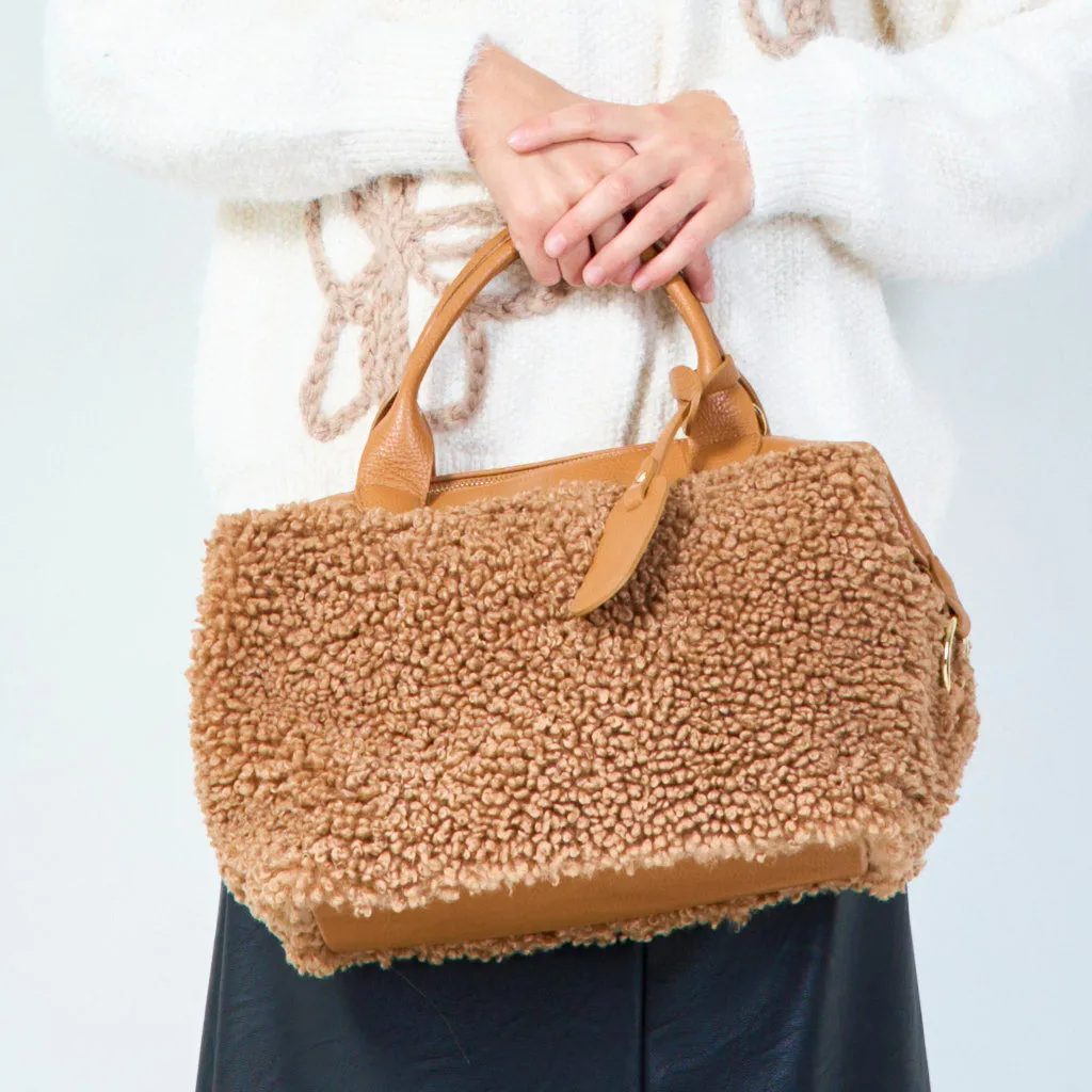 Compact handbag with soft sherpa accents wholesale