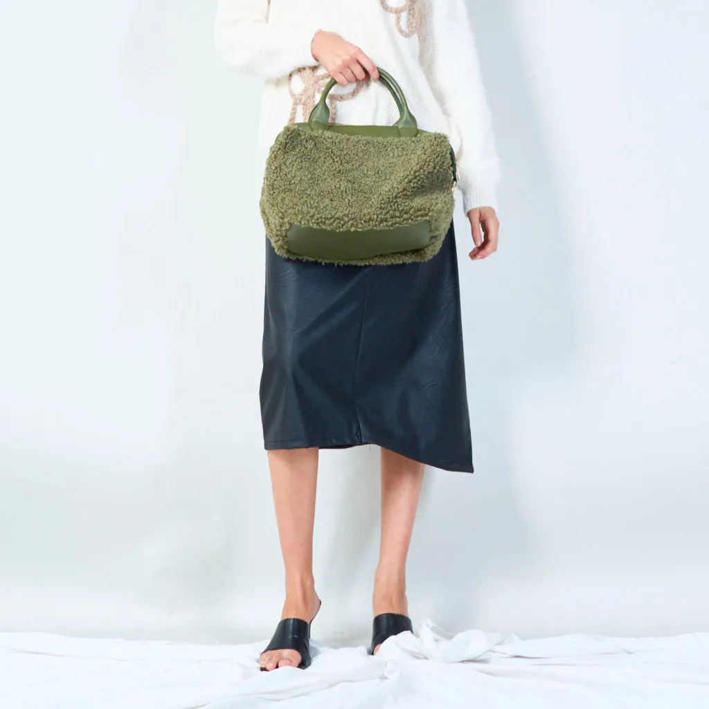 Compact handbag with soft sherpa accents wholesale