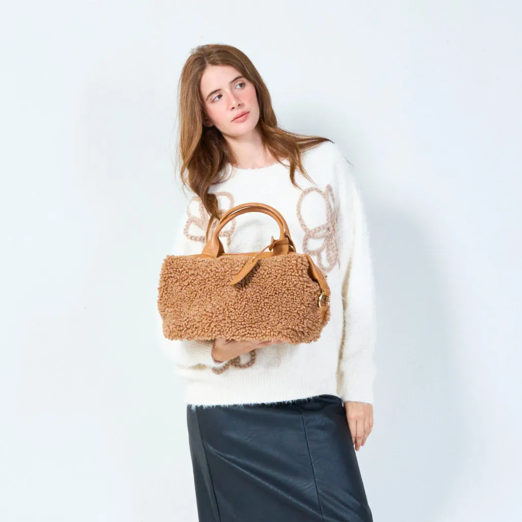 Compact handbag with soft sherpa accents wholesale