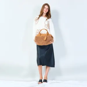 Compact handbag with soft sherpa accents wholesale