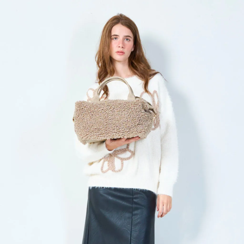 Compact handbag with soft sherpa accents wholesale