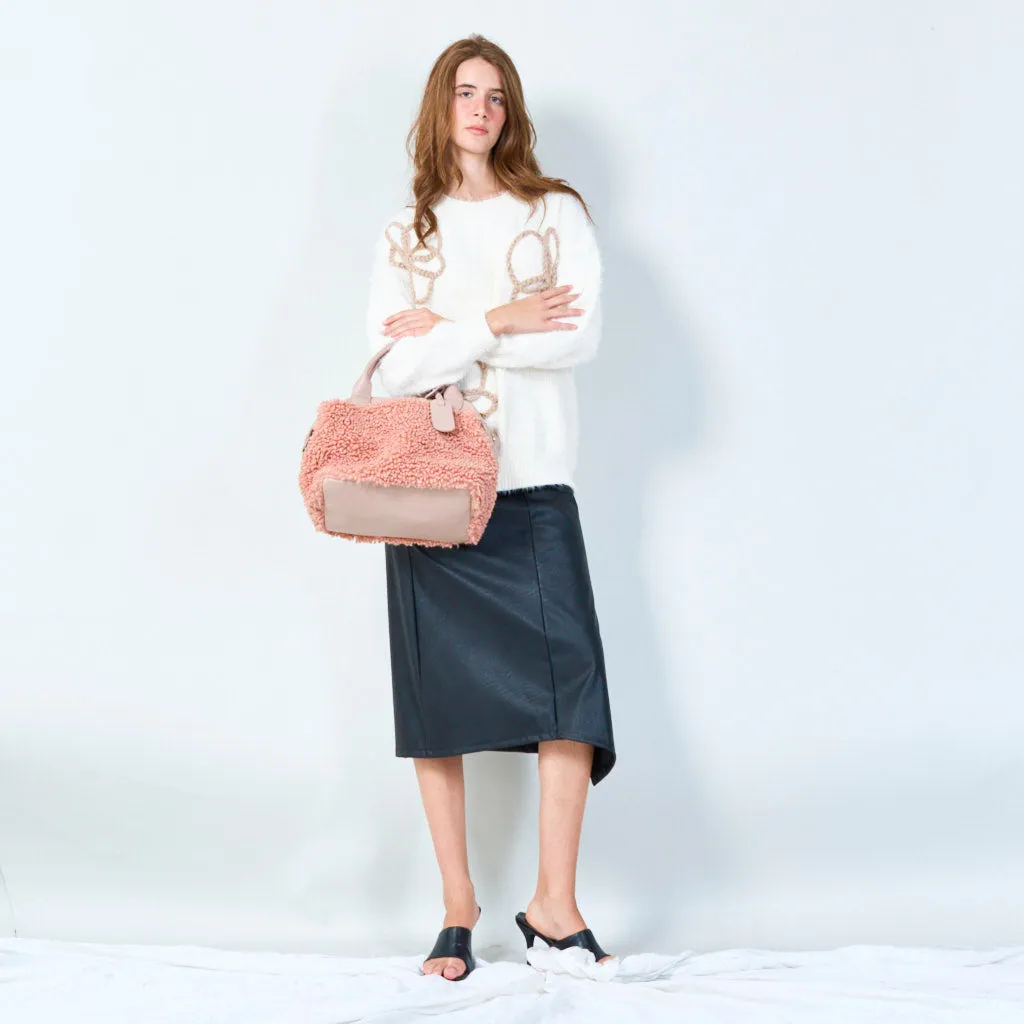 Compact handbag with soft sherpa accents wholesale