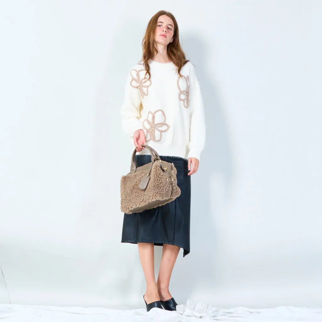Compact handbag with soft sherpa accents wholesale