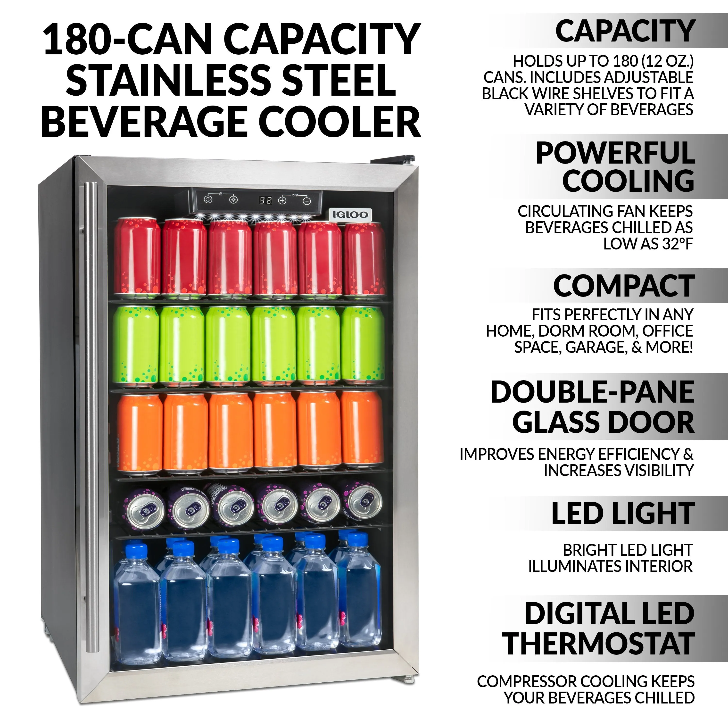 Igloo® 4.1 Cu. Ft. 180 Can Stainless Steel Beverage Cooler with Fan