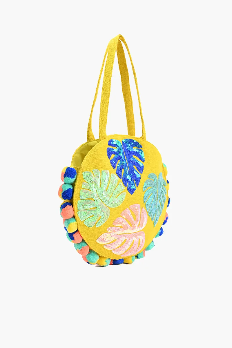 Palm Leaves Embellished Round Shoulder Bag