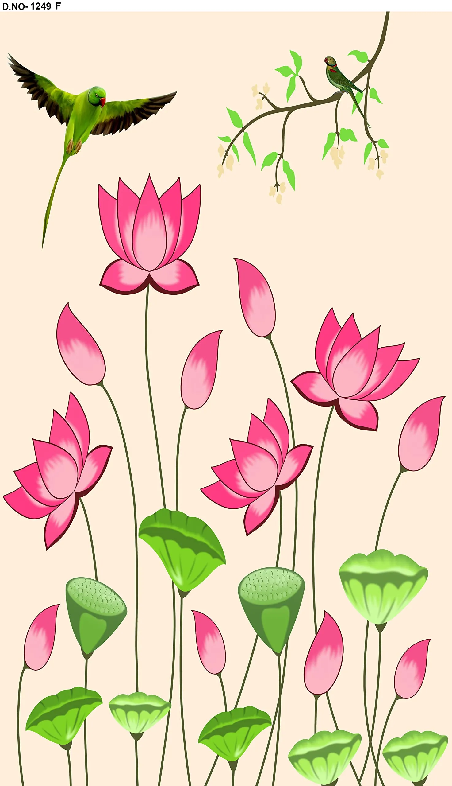 TENTINDIA PINK LOTUS GREEN FLOWER WITH PARROT DESIGN Backdrop Cloth for Pooja Decoration Curtain for Pooja Festival. Fabric -Polyster Taiwan Fabric. Size-8 height and 5 width(5 * 8).