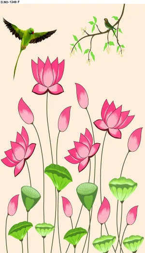 TENTINDIA PINK LOTUS GREEN FLOWER WITH PARROT DESIGN Backdrop Cloth for Pooja Decoration Curtain for Pooja Festival. Fabric -Polyster Taiwan Fabric. Size-8 height and 5 width(5 * 8).
