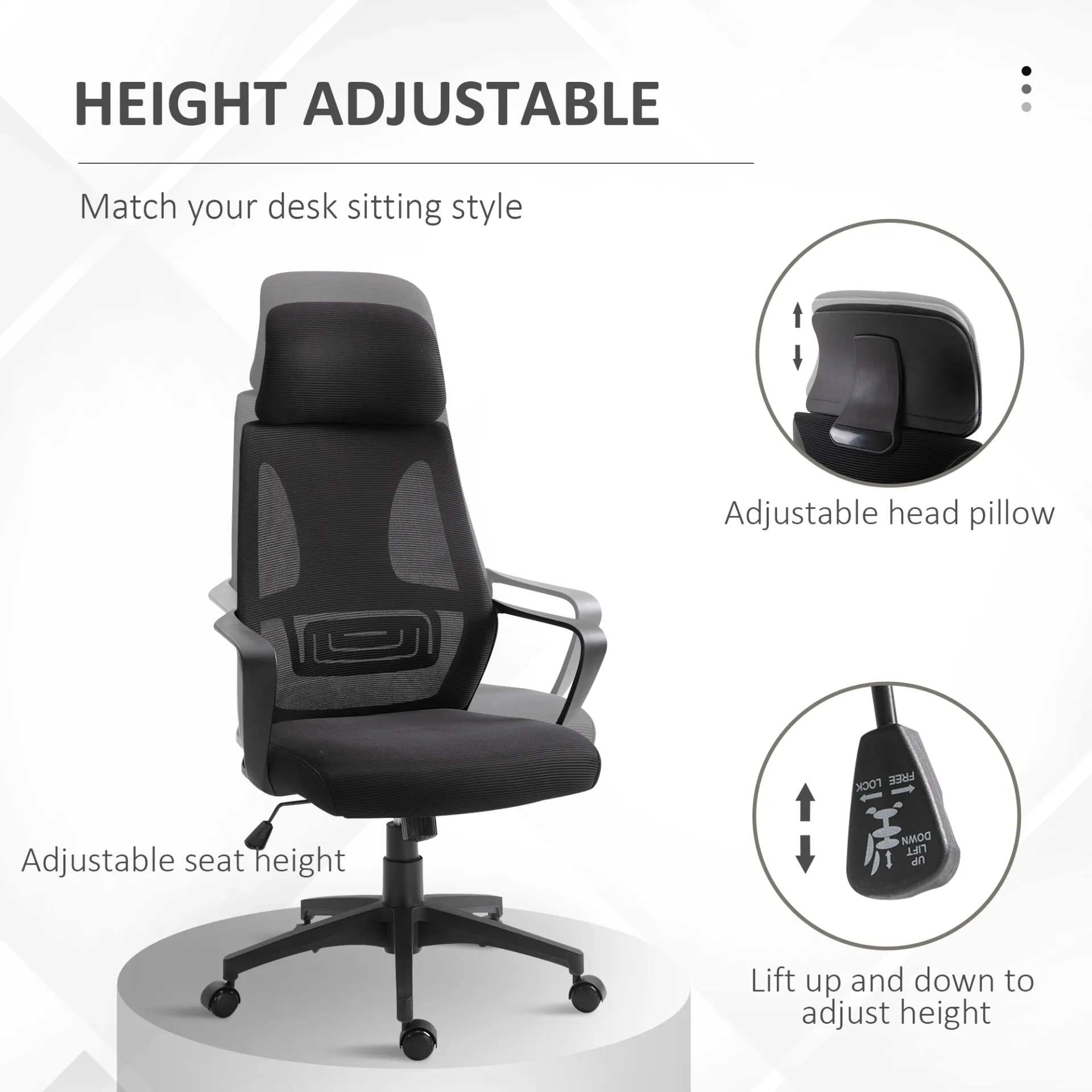 Vinsetto Ergonomic Office Chair with Wheels - Adjustable Height, High Mesh Back - Black