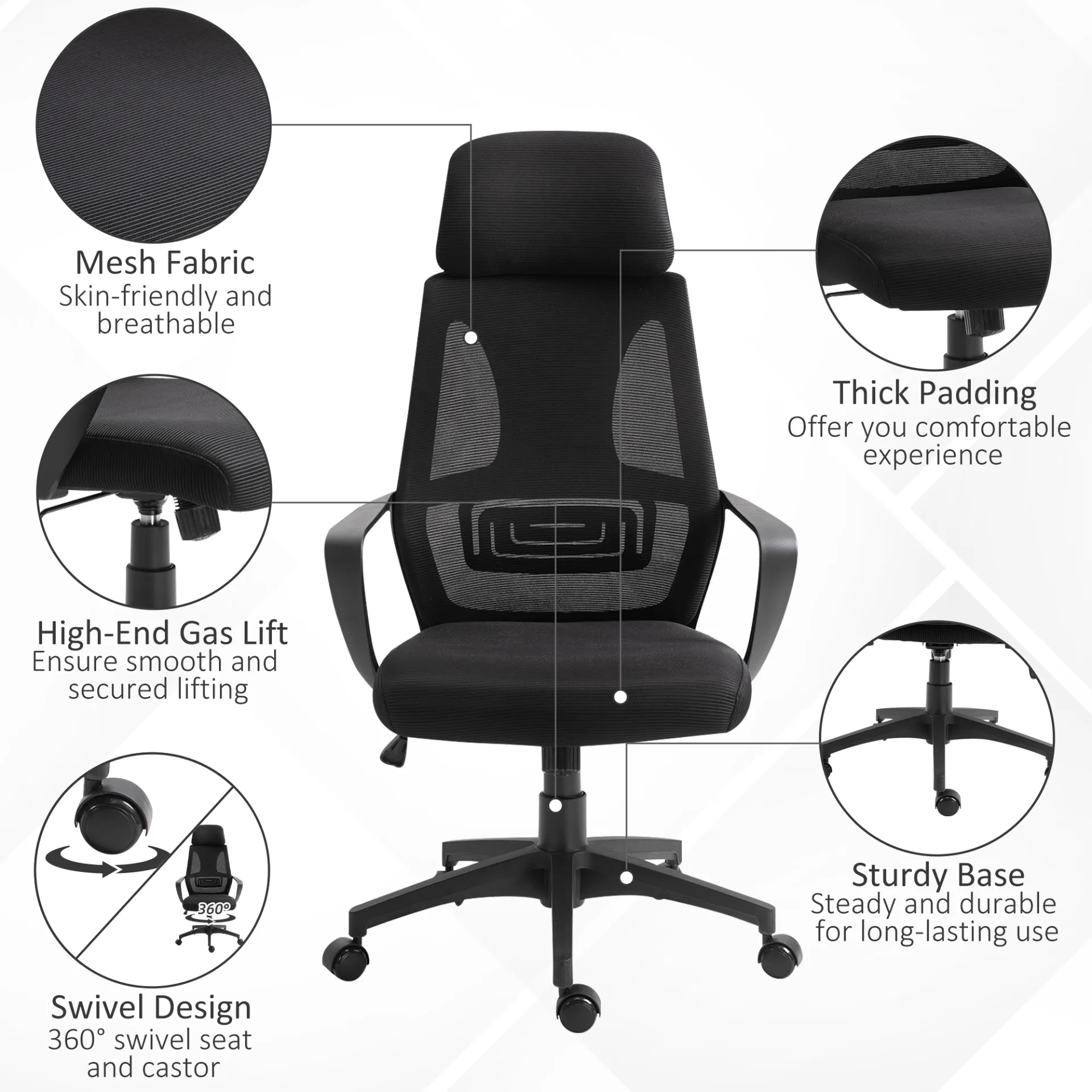 Vinsetto Ergonomic Office Chair with Wheels - Adjustable Height, High Mesh Back - Black